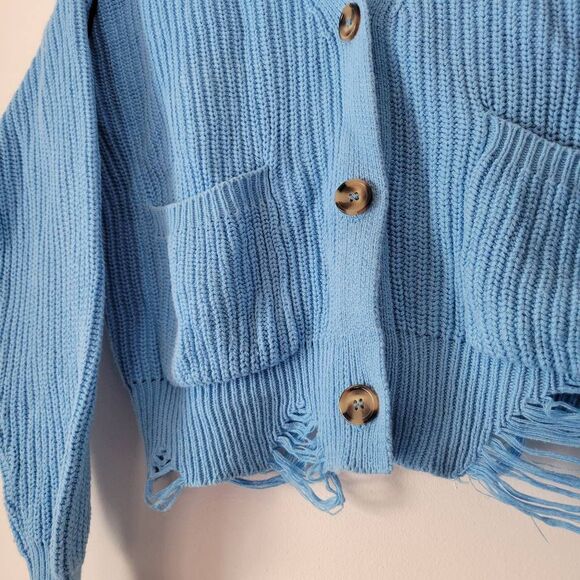 Forever 21 Distressed Knit Cardigan Blue Button Front Cropped Sweater Women’s Sm - Picture 3 of 6